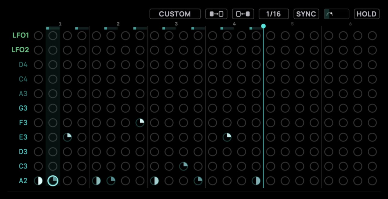 Palora's arpeggiator — pattern, rate, swing and step lengths